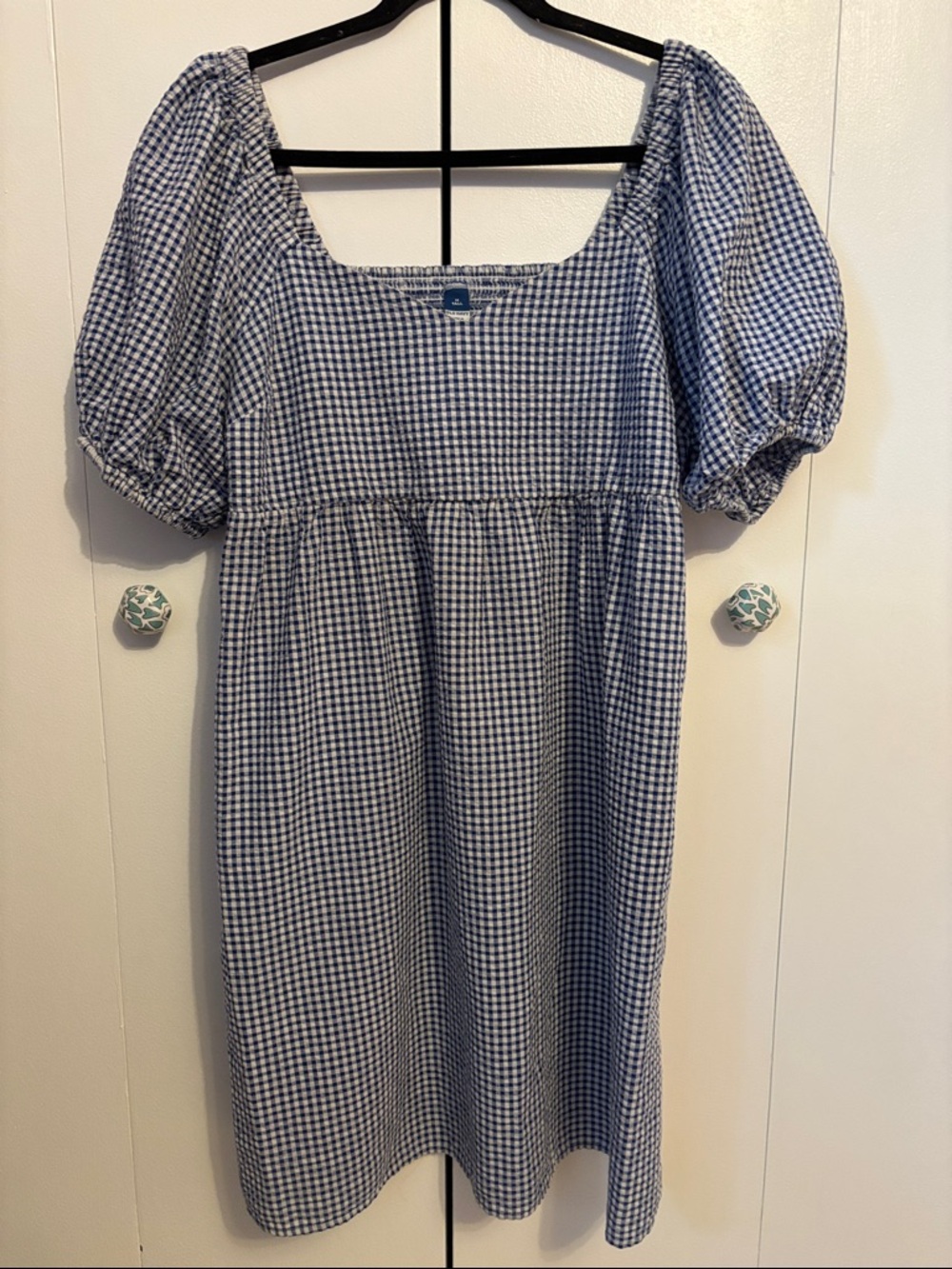 Blue Gingham Puff-Sleeve Midi Dress